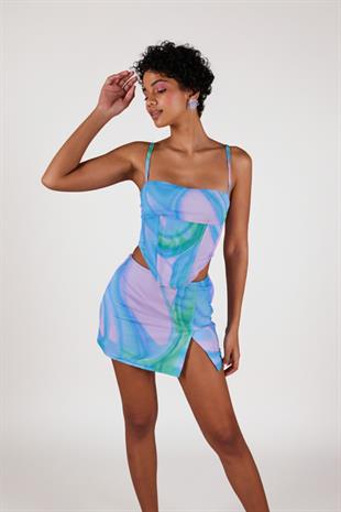 Yırtmaçlı Mini Tül Sierra Etek Mavi