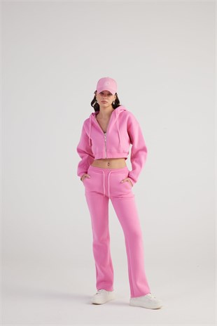 Kadın Pembe Kapüşonlu Uzun Kol Fermuarlı Crop Mixed Sweat