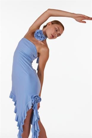 Çiçek Detaylı Fırfırlı Rosanna Elbise Mavi