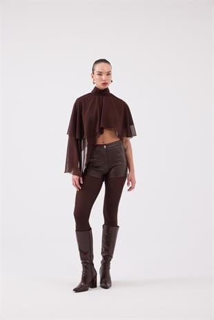 Yüksek Bel Mini Meghan Deri Şort Kahve