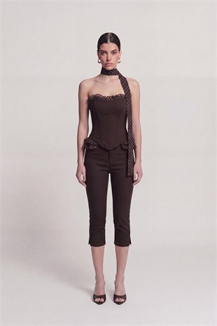 Orta Bel Likralı Una Capri Pantolon Kahve