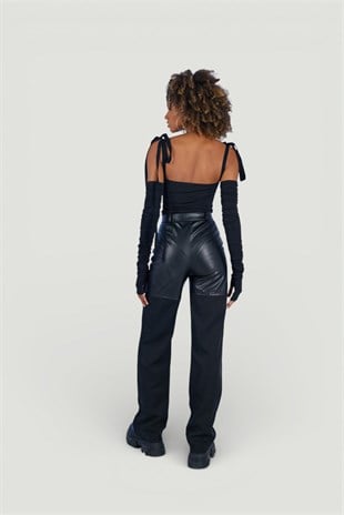 Çıkarılabilir Kollu Fiyonk Bağlamalı Ribbon Bodysuit Siyah