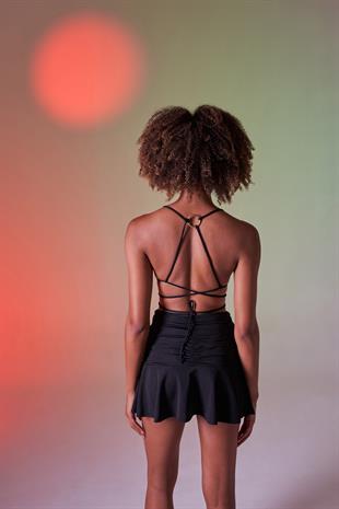 Yüksek Bel Büzgü Detaylı Mini Delphi Etek Siyah