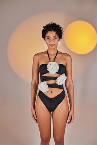 Çıkarılabilir Çiçek Detaylı Cutout Kesim Premium Swagger Mayo Siyah