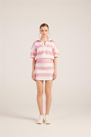 Polo Yaka Çizgili Mini Pamela Elbise Pembe