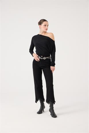 Yüksek Bel, Düğme Kapamalı, Paça Fermuar Detaylı Swan Jean Pantolon Siyah