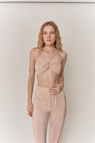 Kadın Bej Crop Bağlamalı Cardy Bluz