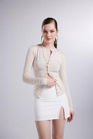 Çıtçıtlı Uzun Kollu Anna Bluz Bej