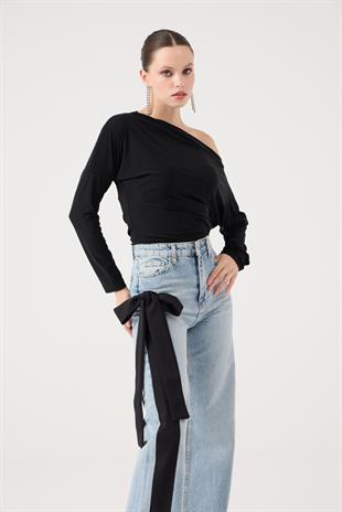 Yüksek Bel Kurdele Detaylı Wide Leg Kyla Jean Pantolon Siyah