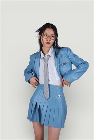 Crop Model Astarlı College Ceket Mavi