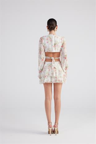 Çiçek Desenli Mini Amalfi Elbise Ekru