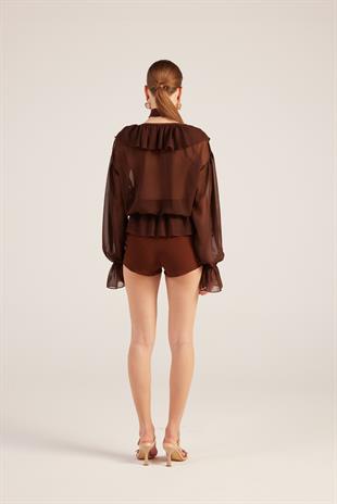 Fırfırlı Güllü Choker Aksesuarlı Şifon Sassy Gömlek Kahve 