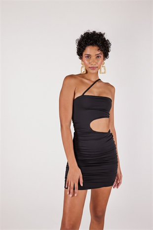 Çapraz Askı Detaylı Bel Dekolteli Drapeli Mini Bae Elbise Siyah