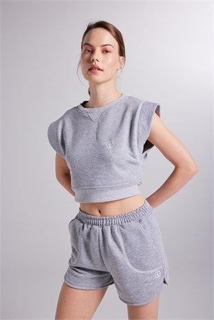 Crop Kesim Kontrast Dikişli Rhode Tshirt Gri