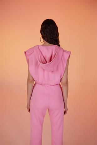 Kapişonlu Çıtçıt Kapamalı 3 İplik Jura Yelek Pembe