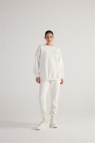 3 İplik Şardonlu Uzun Kol Bisiklet Yaka Fine Sweatshirt Ekru