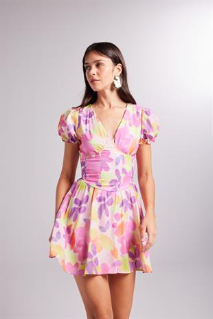 Beli Korse Detaylı Çiçekli Mini Manica Elbise Pembe