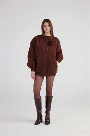 Oversize Çıkarılabilir Gül Detaylı Astarlı Alexa Bomber Ceket Kahve
