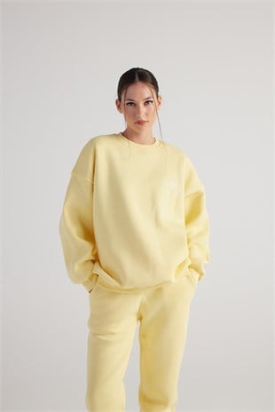 3 İplik Şardonlu Uzun Kol Bisiklet Yaka Fine Sweatshirt Sarı