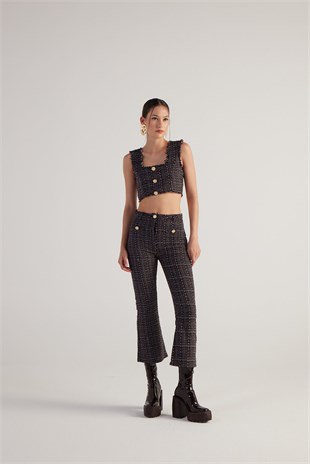 İspanyol Kesim Tüvit Tweed Pantolon Siyah