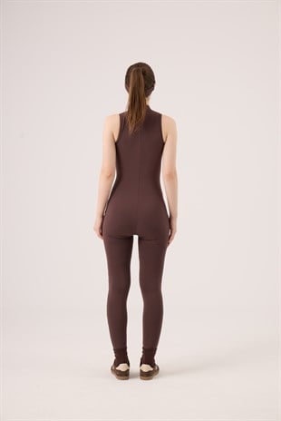 Fermuarlı Kolsuz Rider Tulum Kahve