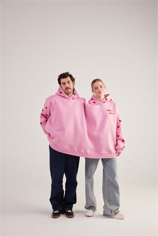 Kalp Baskılı Çift Giyilir Lovebombing Sweatshirt Pembe