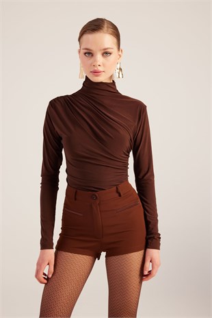 Yüksek Bel Fermuarlı Mini Bailey Şort Kahve
