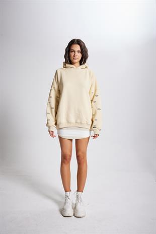 Oversize Kapüşonlu Unisex Eye Sweat Bej