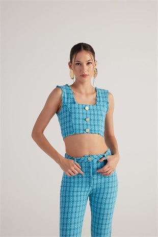 Tüvit Kumaş Crop Tweed Büstiyer Mavi