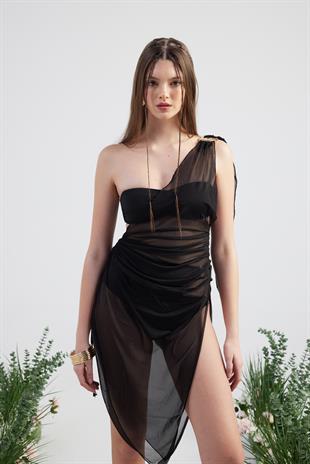 Özel Aksesuarlı Tek Omuzlu Tül Helen Pareo Siyah