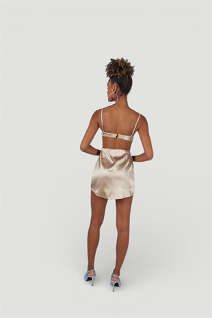 Mini Boy Fermuarlı Saten Fancy Etek Bej