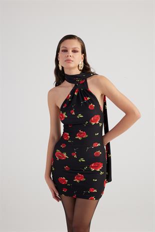 Şal Yaka Detaylı Gül Desenli Sırt Dekolteli Mini Helena Elbise Siyah