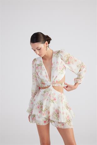 Çiçek Desenli Mini Amalfi Elbise Ekru