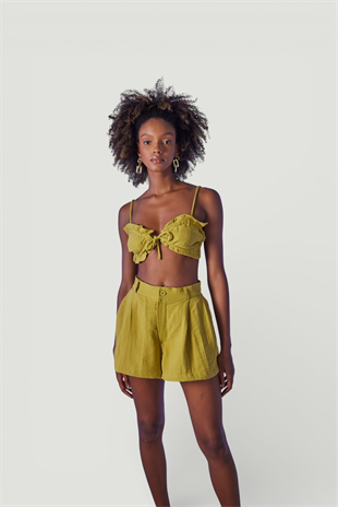 Yüksek Bel Düğme Kapamalı Playa Şort Yeşil