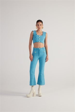 İspanyol Kesim Tüvit Tweed Pantolon Mavi