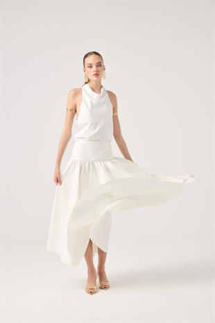 Degaje Yaka Saten Dalia Bluz Beyaz