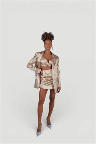 Vatkalı Uzun Kol Astarlı Saten Fancy Blazer Ceket Bej