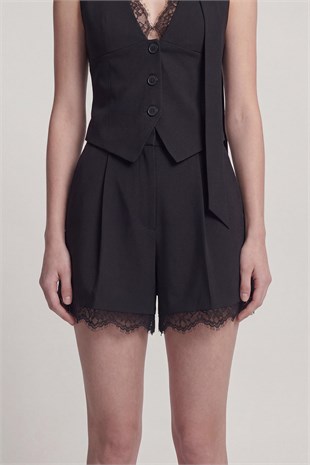 High-Waisted Pleated Lace Nina Shorts, Black