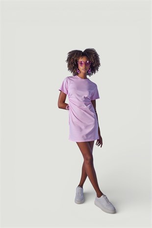 Bisiklet Yaka Kısa Kol Wex Tshirt Elbise Pembe