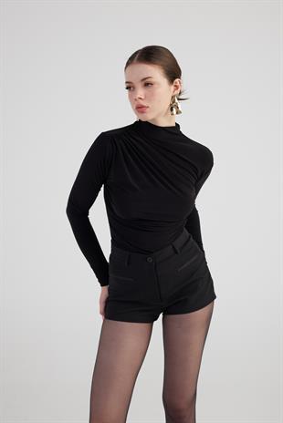Drape Detaylı Balıkçı Yaka Fables Bluz Siyah