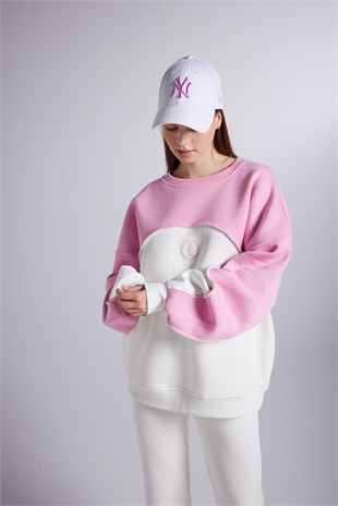 Şardonlu 3 İplik Kumaş Logolu Oversize Nola Sweatshirt Beyaz
