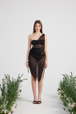 Özel Aksesuarlı Tek Omuzlu Tül Helen Pareo Siyah