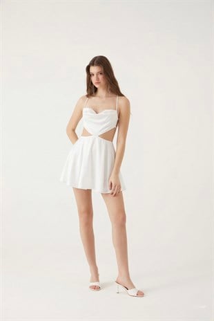Sırt Dekolteli Saten Mini Sheri Elbise Beyaz