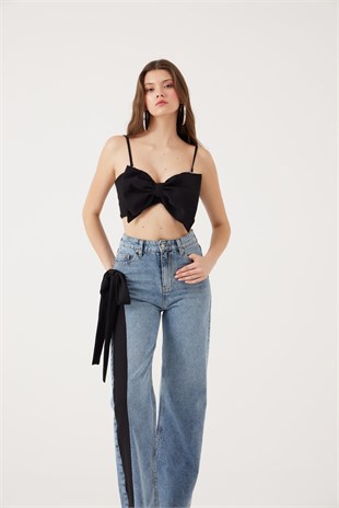 Yüksek Bel Kurdele Detaylı Wide Leg Kyla Jean Pantolon Siyah