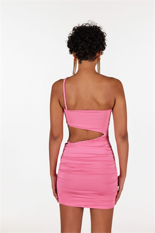 Çapraz Askı Detaylı Bel Dekolteli Drapeli Mini Bae Elbise Pembe