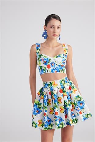 Desenli Cepli Mini Ravello Etek Mavi