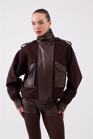 Lina Suede Jacket with Stand-Up Collar and Leather Details, Brown