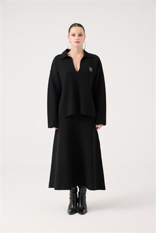Oversize Kesim Polo Yaka Zoi Triko Kazak Siyah