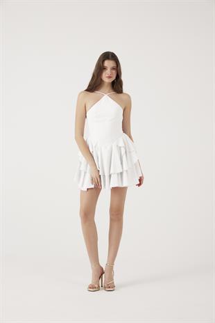 Fırfırlı Halter Yaka Mini Keira Elbise Beyaz