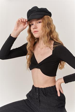 Crop Model Uzun Kol Walery Bluz Siyah